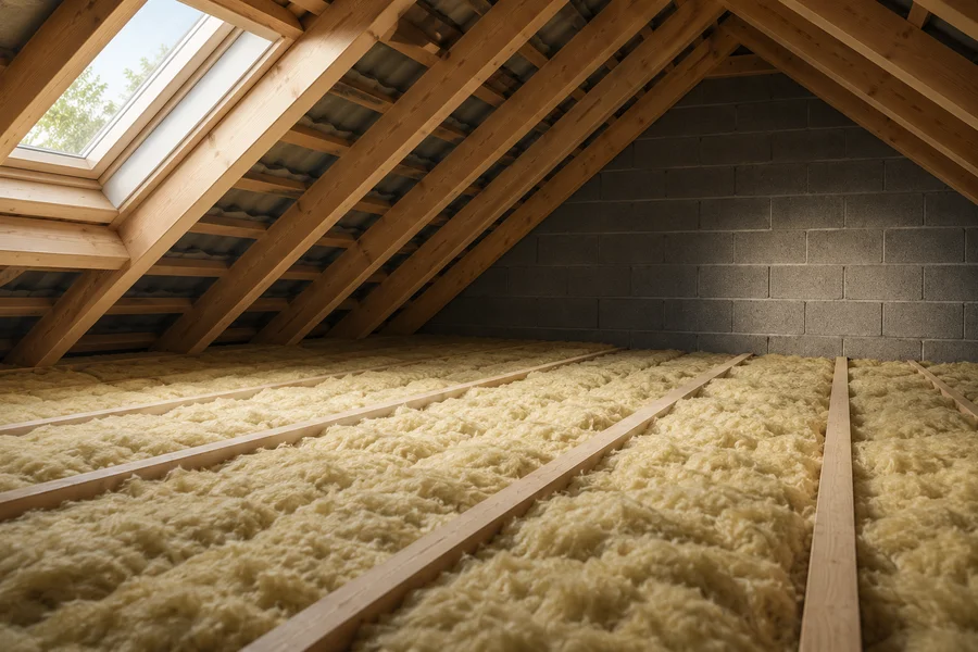 Attic space showing mineral wool insulation laid over and between the ceiling joists beside a roof window