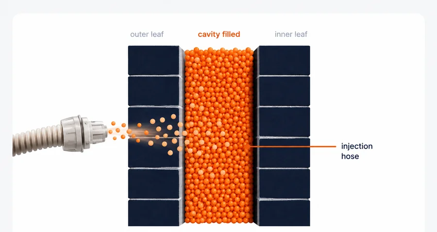 Diagram showing bonded insulation beads being pumped through an injection hose into the cavity between two leaves of block