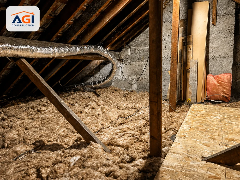Attic space with mineral wool insulation laid across the full floor area and ducting along the rafters