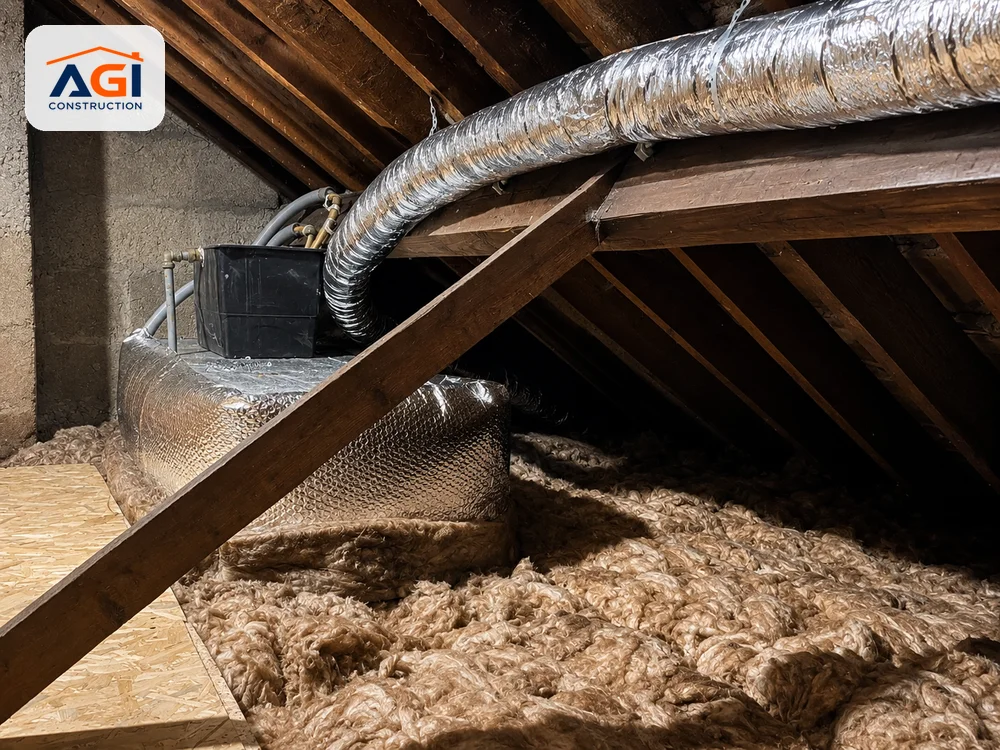 Insulated cold water tank in an attic with pipework and mineral wool insulation