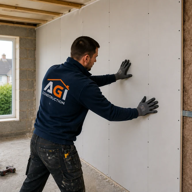 Insulated dry-lining board being fitted to an internal wall on metal stud framing in an Irish home