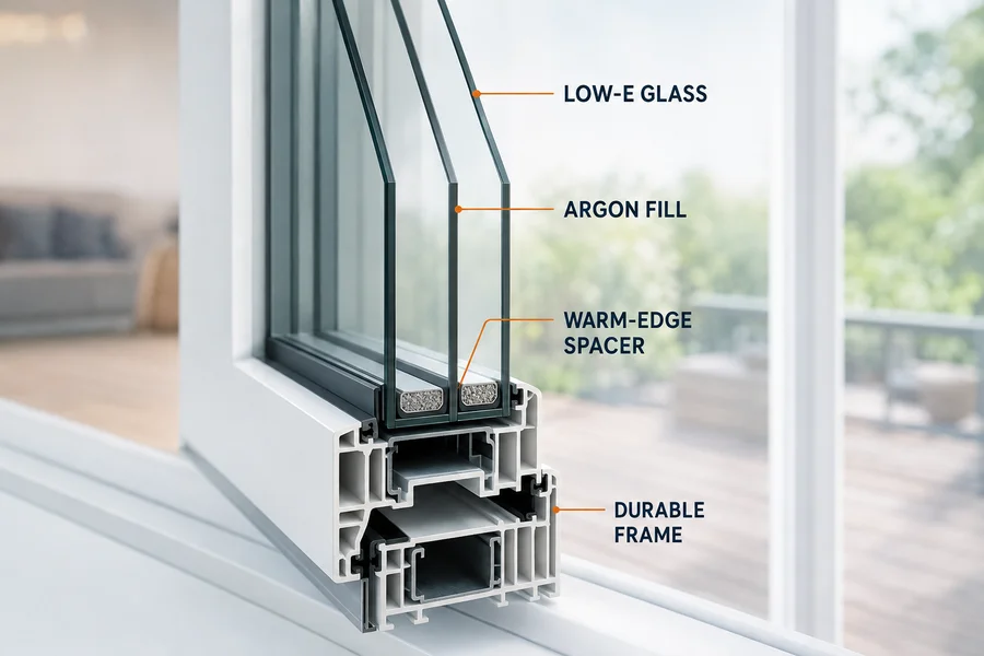 Cutaway of an A-rated triple-glazed window showing low-E glass, argon fill, warm-edge spacer and the uPVC frame